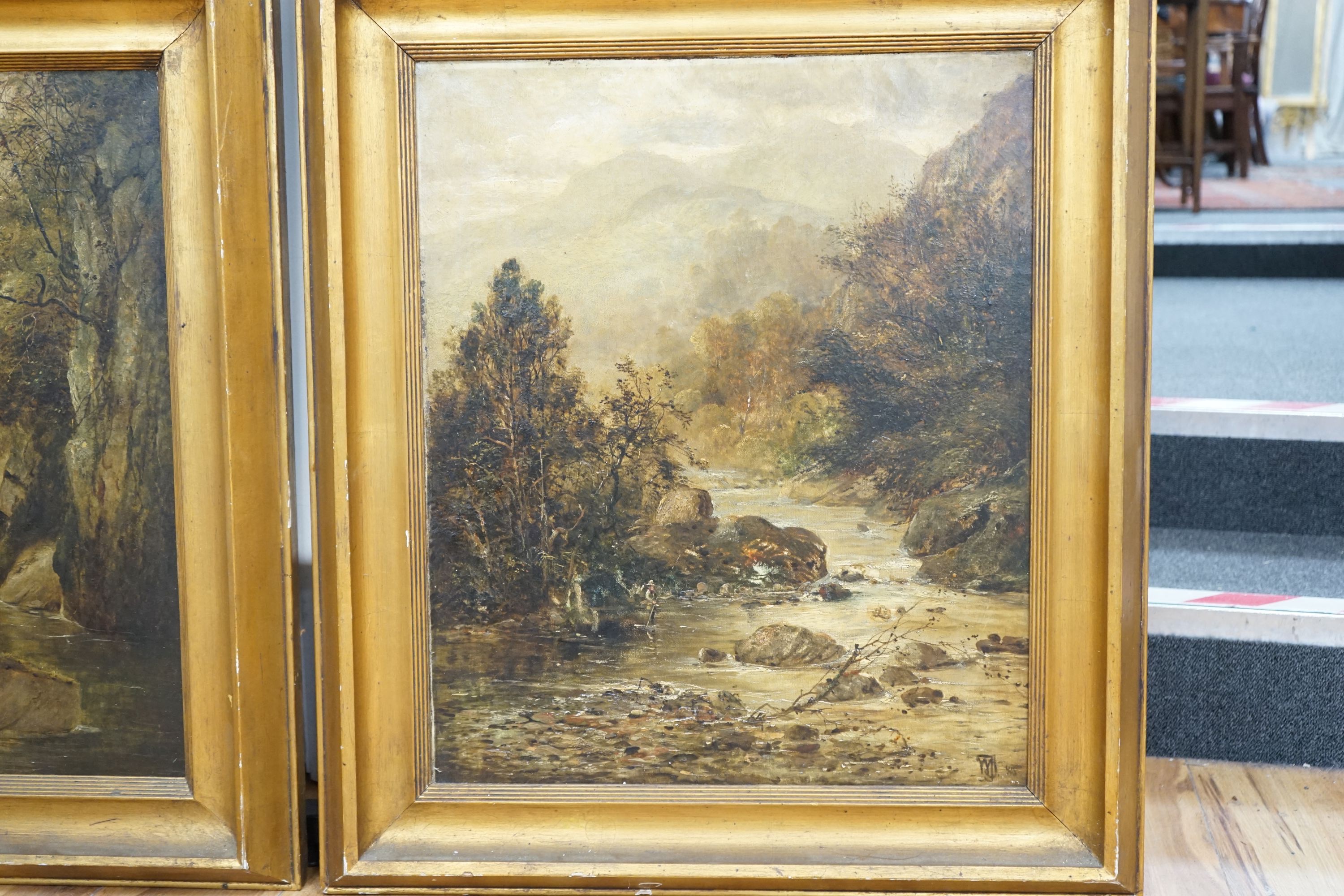 WJJ 1880, pair of oils on canvas, Angler and artist in river landscapes, one monogrammed and dated, 60 x 50cm